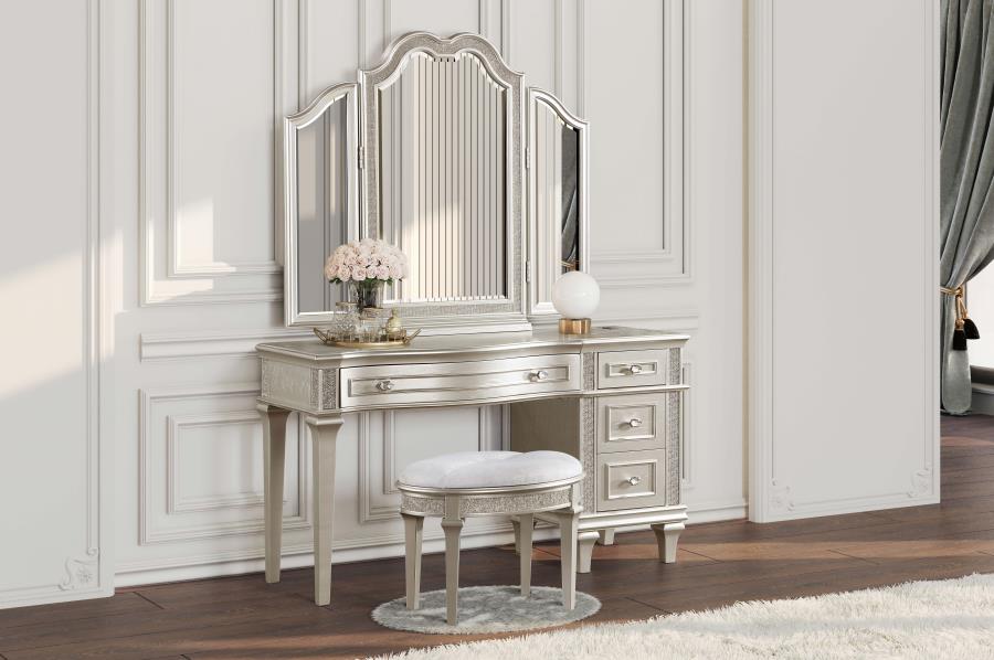 Modal Additional Images for Evangeline Upholstered Oval Vanity Stool Silver and Ivory