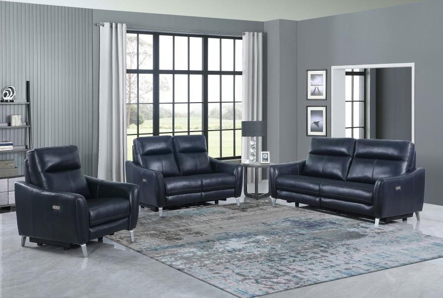 Derek Upholstered Power Recliner Blue