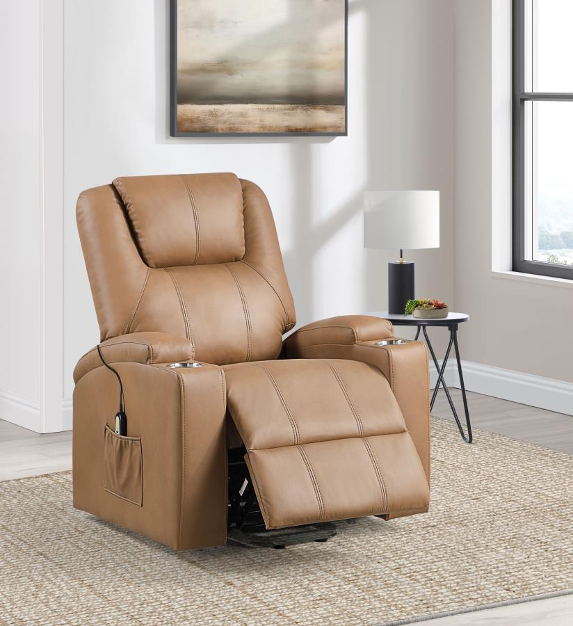 Armstrong Upholstered Power Lift Massage Recliner Camel
