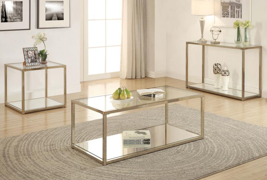 Modal Additional Images for Cora Glass Top End Table Mirrored Shelf Chocolate Chrome