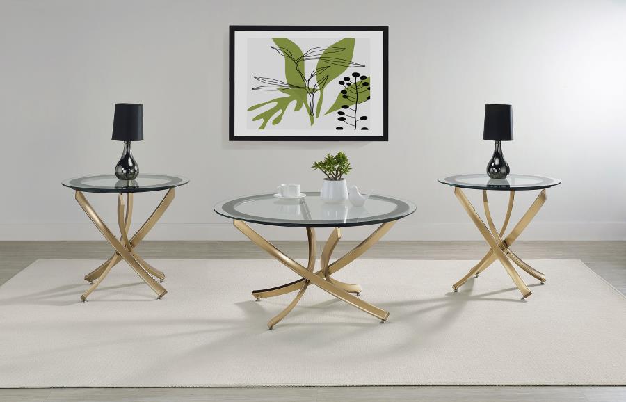 Modal Additional Images for Brooke Round Glass Top Coffee Table Metal Base Brass