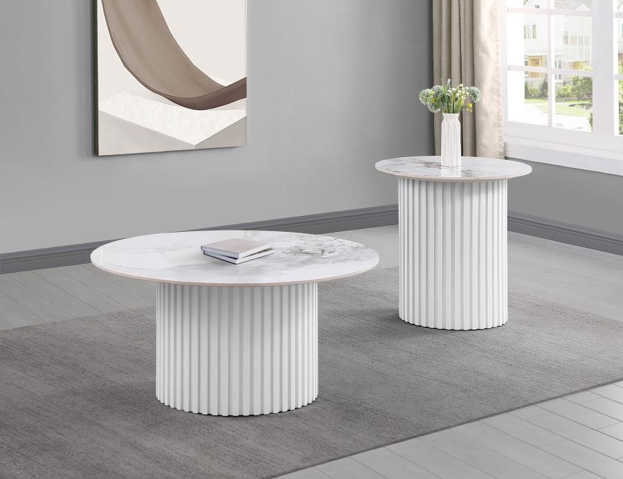 Modal Additional Images for Rowena Round Sintered Stone End Table White Faux Marble