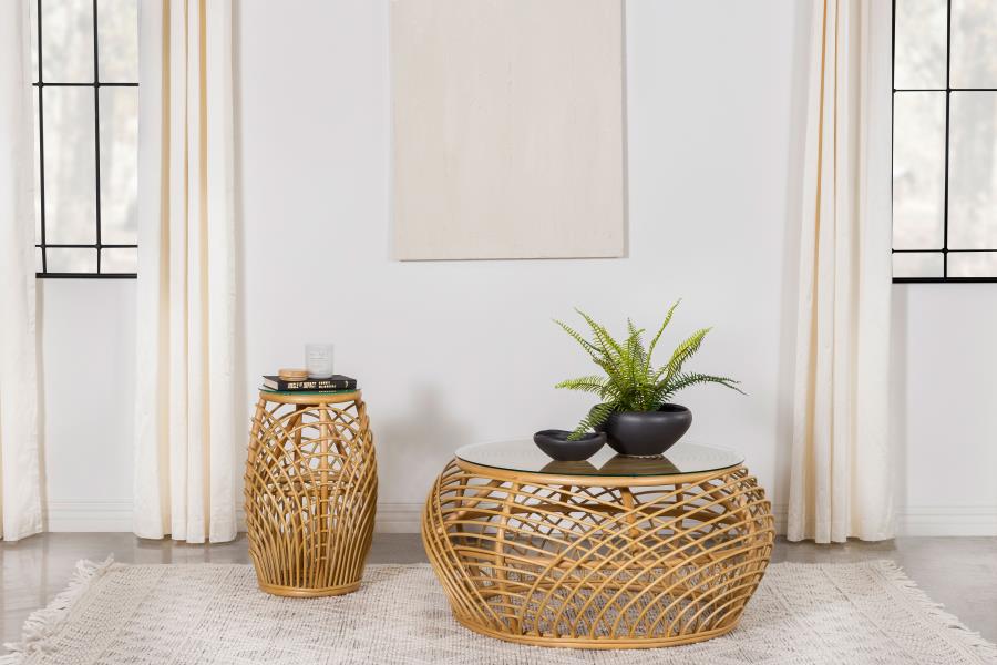 Modal Additional Images for Dahlia Round Glass Top Woven Rattan End Table Natural