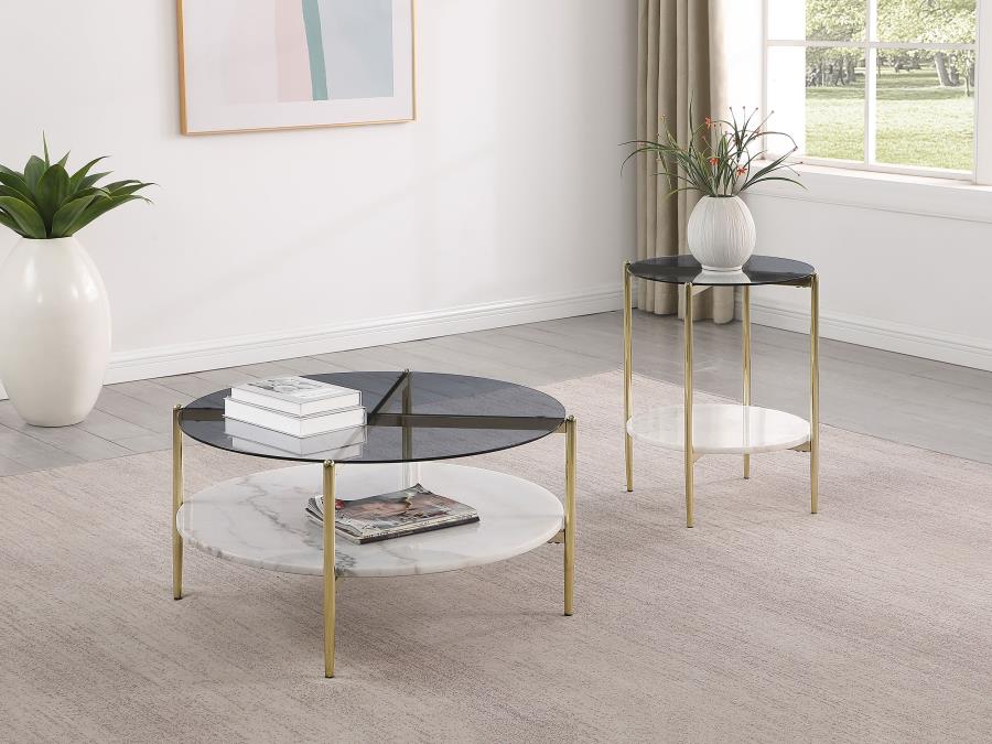 Modal Additional Images for Jonelle Round Glass Top Coffee Table White Marble Shelf Gold