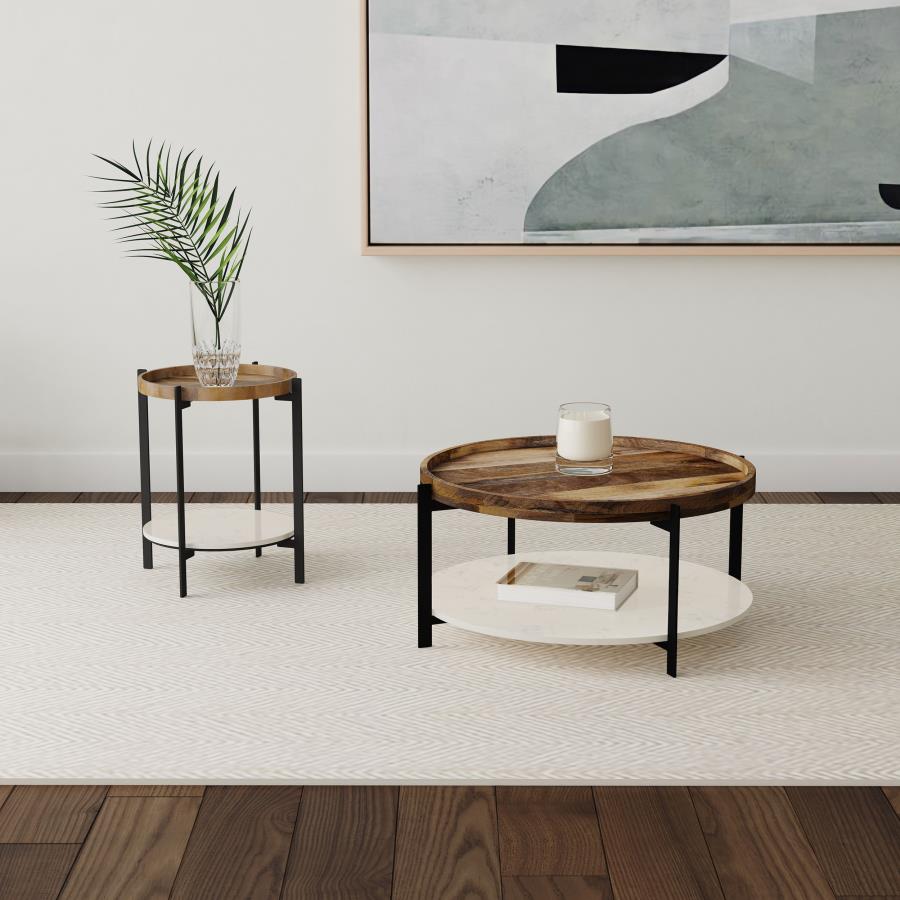 Modal Additional Images for Adhvik Round Wood Top Marble Shelf Coffee Table Natural
