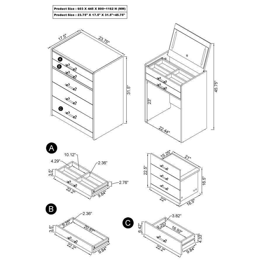 Modal Additional Images for Danbury 3-drawer Makeup Vanity & Stool Set Black High Gloss