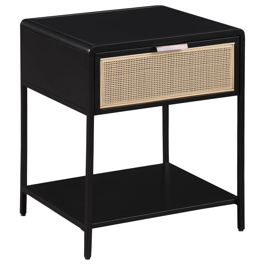 (image for) Amherst 1-drawer Radio Weave Cane Metal Bedside Table Black
