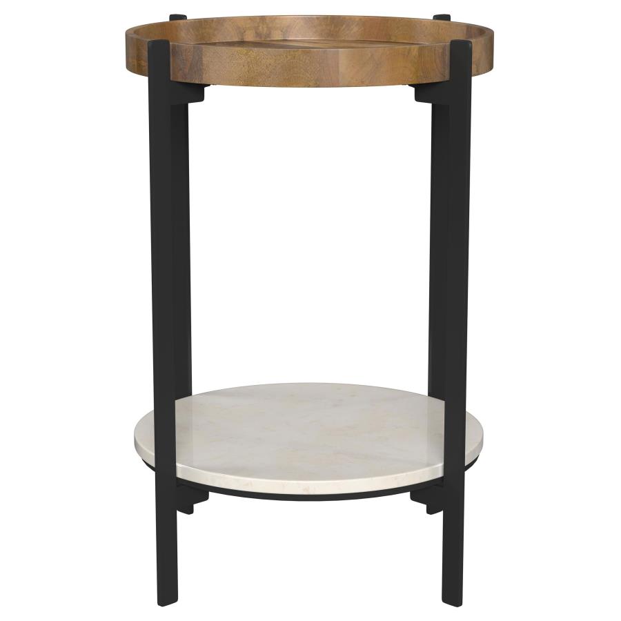 Adhvik Round Side Table with Marble Shelf Natural and Black