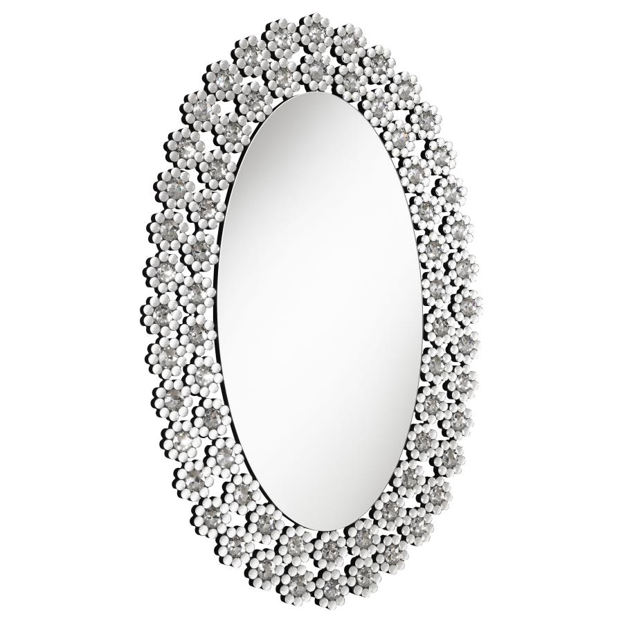 Colleen 31 x 47 Inch Oval Wall Mirror Crystal Flowers Silver (image for) Colleen 31 x 47 Inch Oval Wall Mirror Crystal Flowers Silver