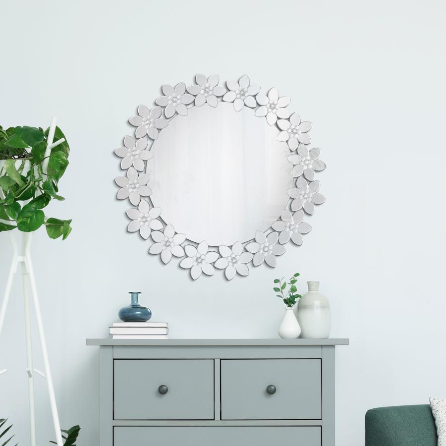 Cordelia 36 x 36 Inch Round Floral Wall Mirror Silver